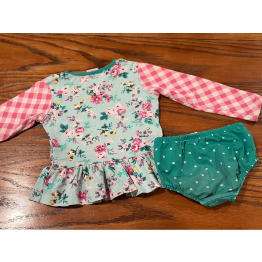 Ricrac & Ruffles Girls 18M Floral Gingham Peplum Top and Polka Dot Bloomers Set